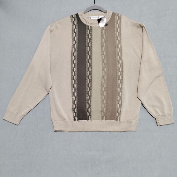 Vintage BACHRACH Mens Large Cable Knit Sweater Tan Neutral Acrylic Made in USA - Picture 1 of 12